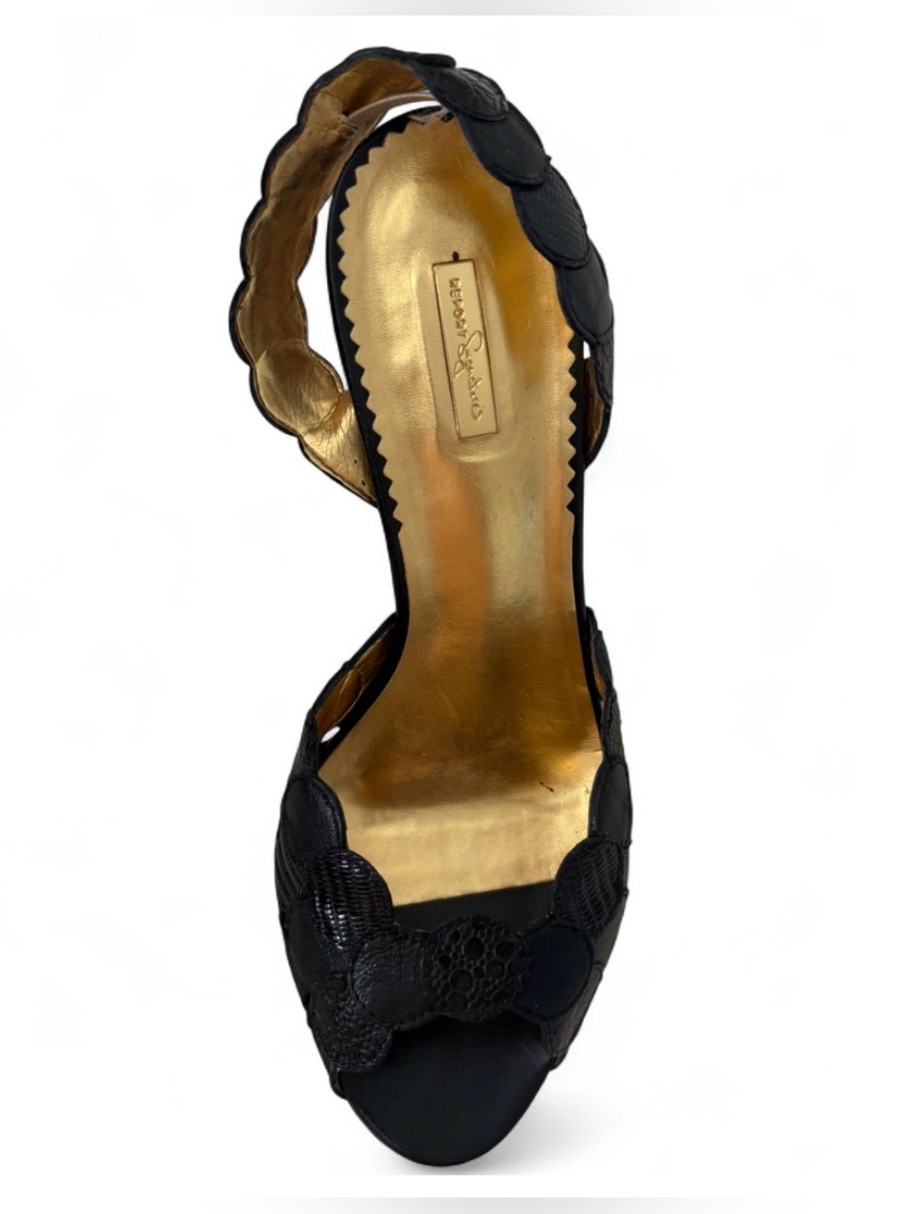 Report Black Scalloped Open-Toe Heel - Gold Insole. Size 7.5